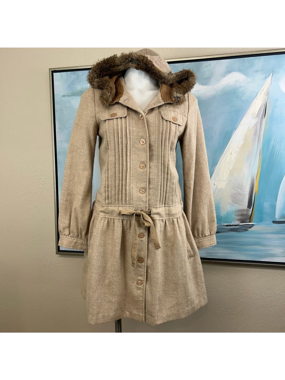Fresh For Flash Fashion Jacket Woven Wool Blend Hooded Rabbit Fur trim Junior L